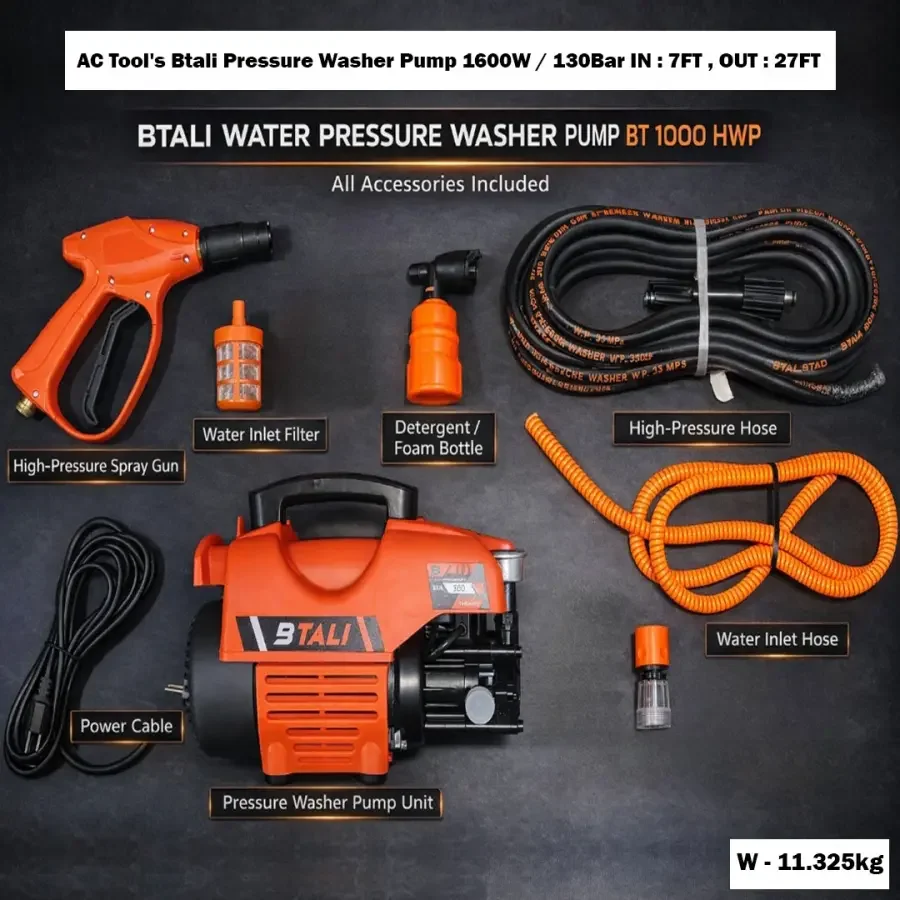 AC Tool's Btali Pressure Washer Pump 1600W / 130Bar IN : 7FT , OUT : 27FT
