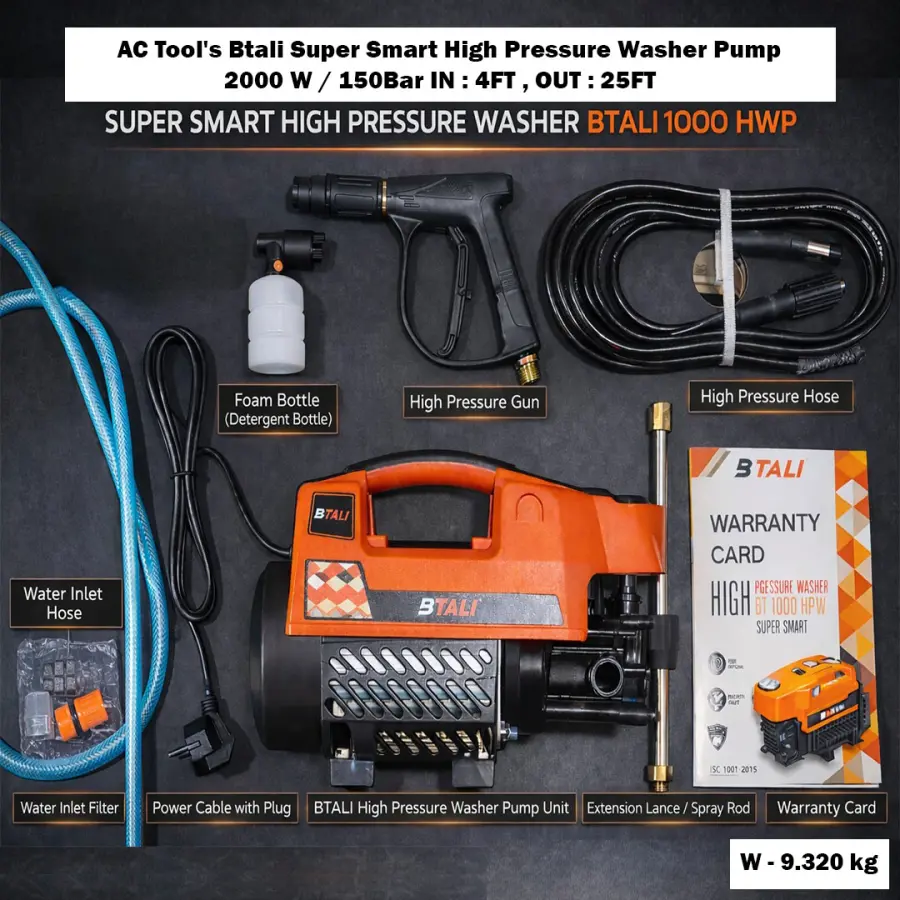AC Tool's Btali Super Smart High Pressure Washer Pump 2000 W / 150Bar IN : 4FT , OUT : 25FT